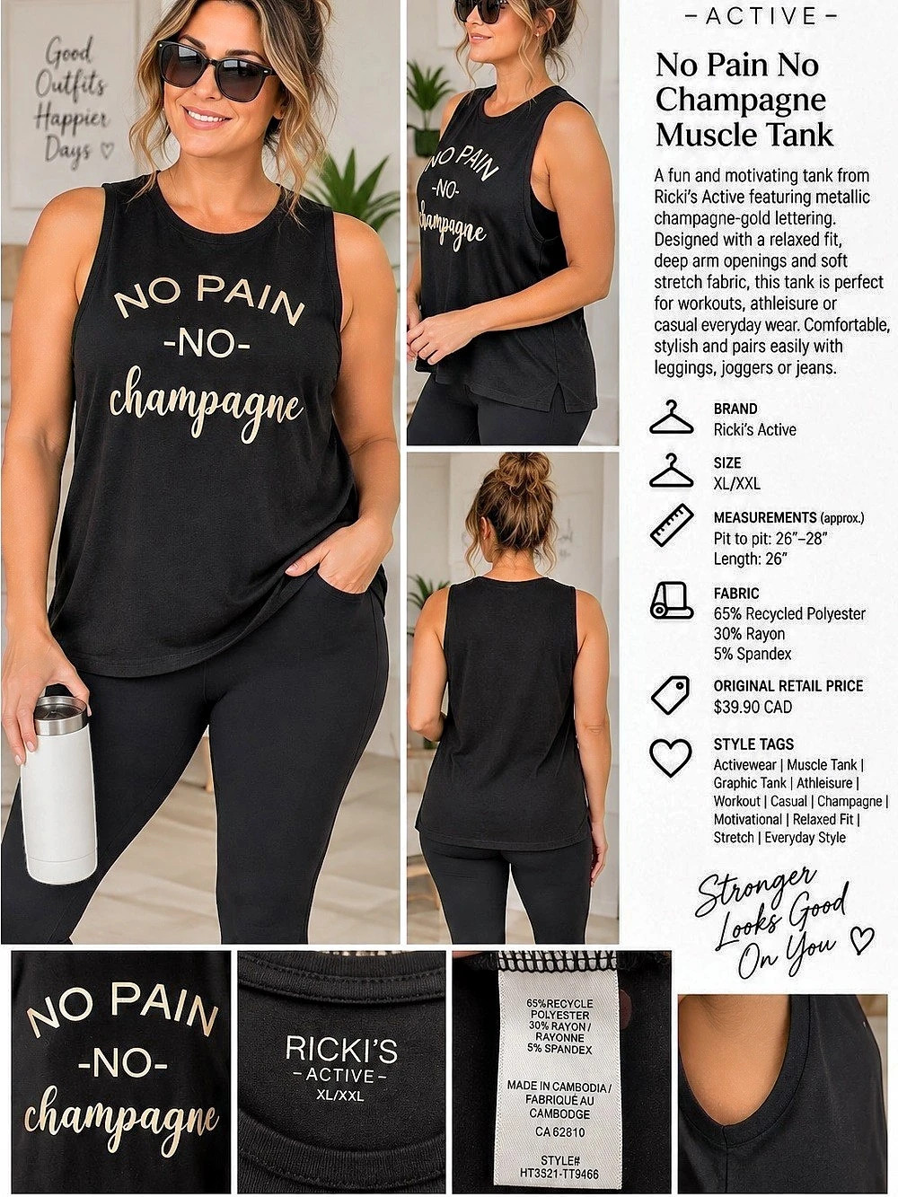 26-28 ptp Ricki's Active No Pain No Champagne Muscle Tank Black XL/XL Like New